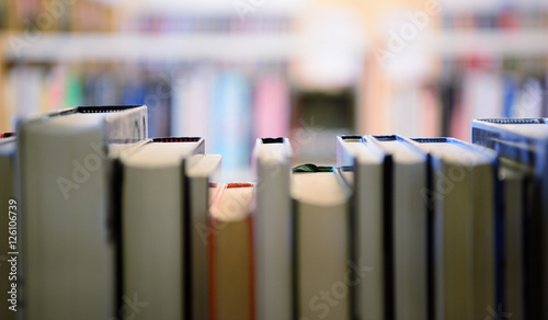 Public library bookshelf seen from inside