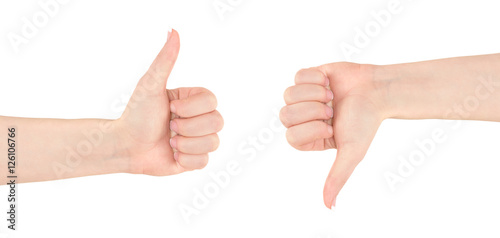 Thumbs up and down, woman hand isolated on white