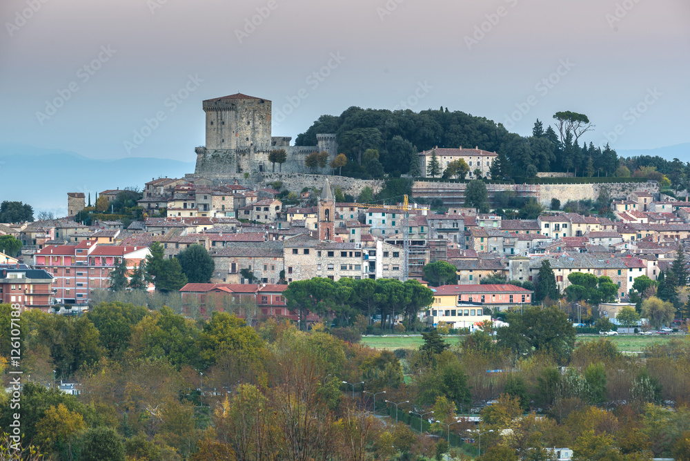 Sarteano, Tuscany town wall seen from aerial view, Italy