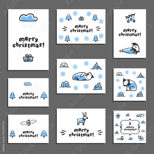 Set of merry christmas greeting cards with cute animals. Vector templates with funny reindeer, walrus, polar bear, seal, snowy owl. Childish doodle animals wear scarves