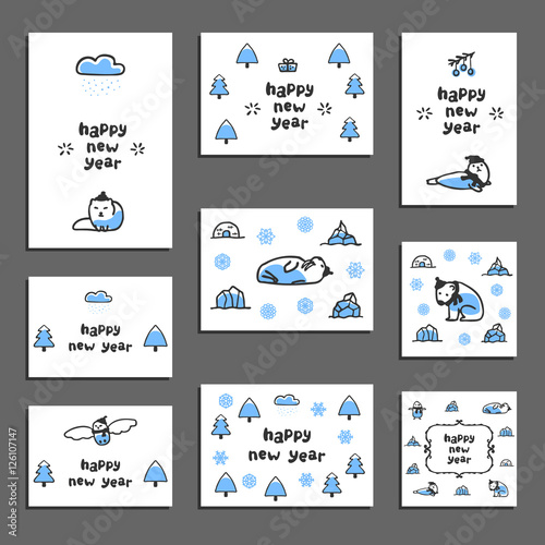 Set of happy new year greeting cards with cute animals. Vector templates with funny reindeer, arctic fox, polar bear, seal. Childish doodle animals wear scarves