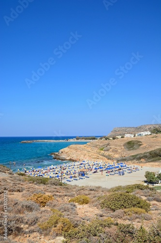 Elevated view of Boufos beach and the coastline, Sissi, Crete. © arenaphotouk