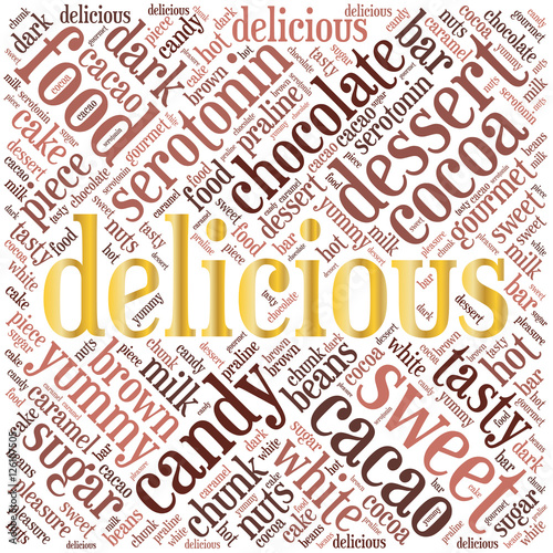 Delicious. Word cloud inscribed in a square. Food concept.