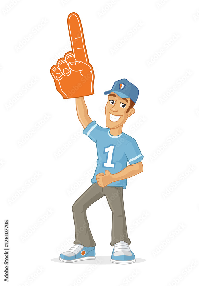 Happy male sports fan rising foam finger in the air vector cartoon