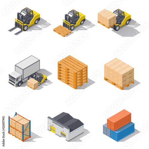 Storage equipment isometric icons set.