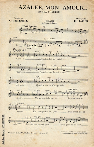 French antique vintage music sheet.