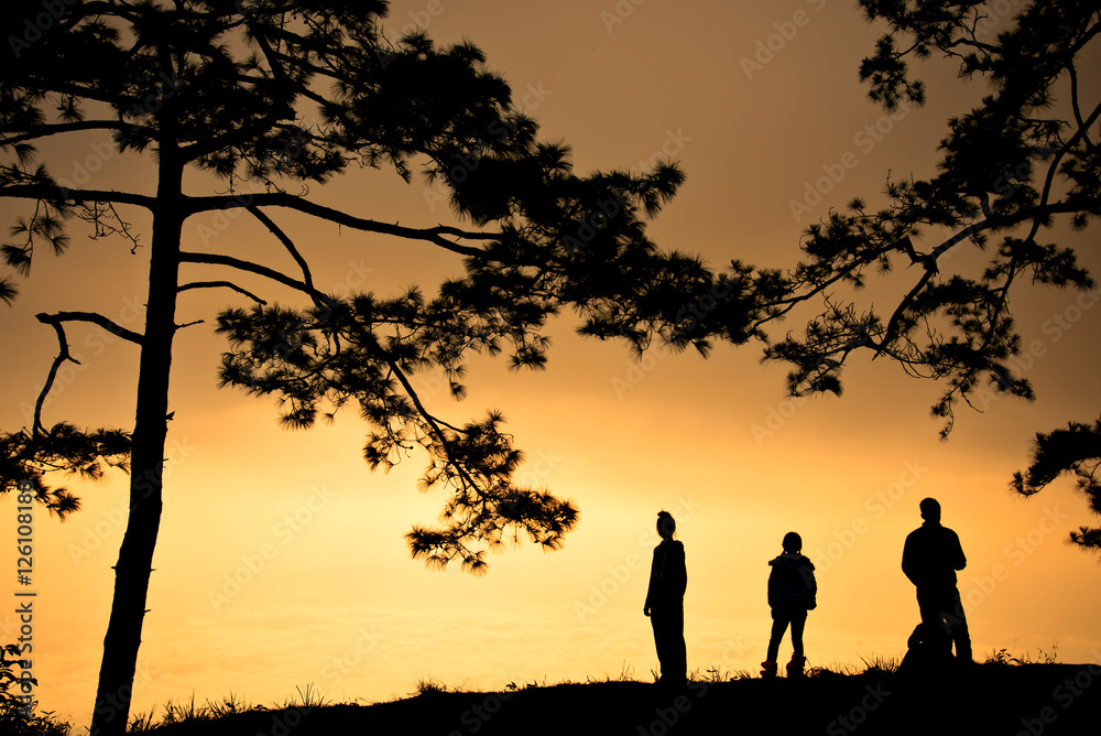 Silhouette of Traveler Watching the Sea of Mist Landscape View Silhouette of Traveler Watching the Sea of Mist Landscape View