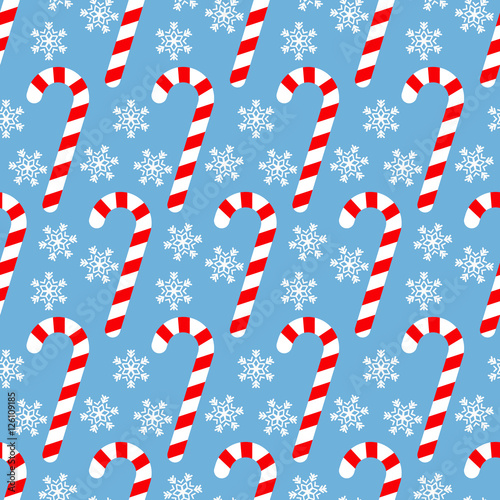 Christmas candy cane, Seamless pattern with holiday sweets and snowflakes
