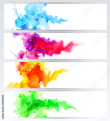 Set of four banners, abstract headers with colored blots. Bright spots and blur are on the standard size banner.
