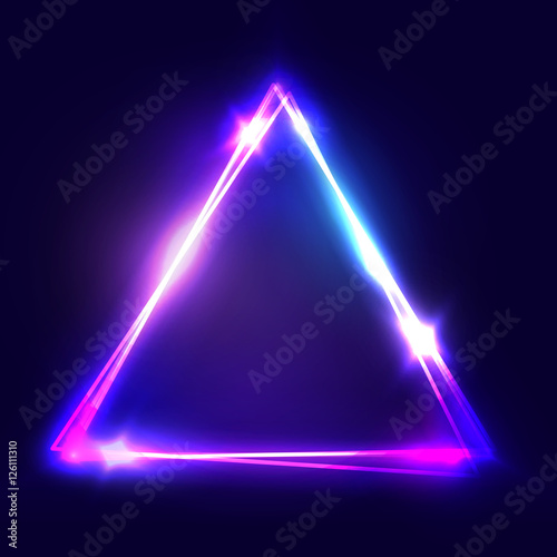 Neon sign. Triangle background. Glowing electric abstract frame on dark backdrop. Light banner with glow. Bright vector illustration with flares and sparkles.