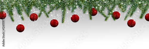 Christmas decoration - panorama with a border of isolated red balls and fir tree branches 