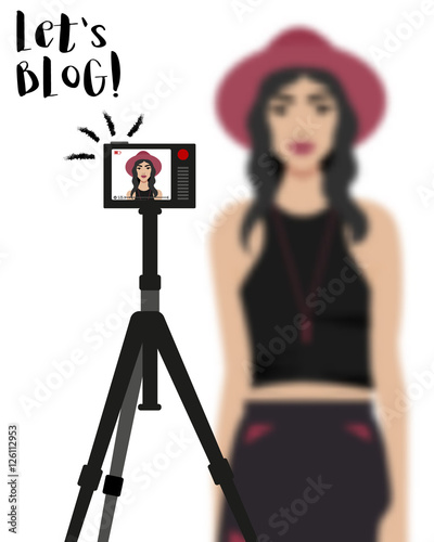 Vector illustration with girl in hat, tripod and camcorder