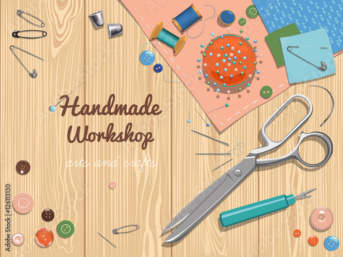 Sewing workshop or tailor shop. Workplace tools and cloth on a wooden table.