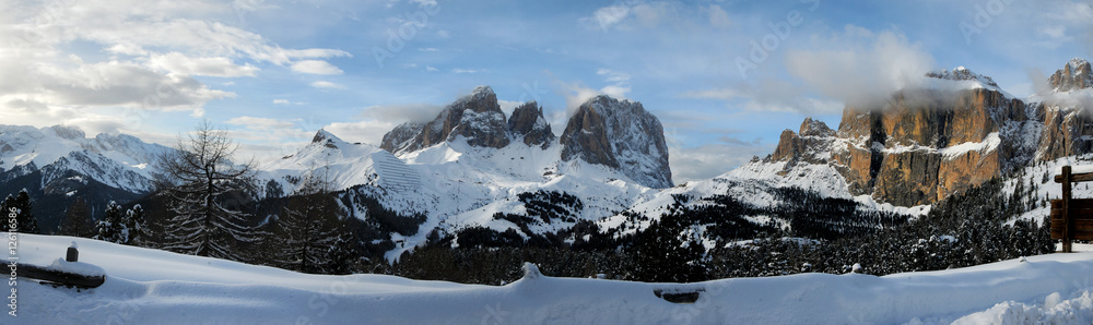 Panorama view of the Sassolungo (Langkofel) Group of the Italian Dolomites in Winter from Passo Pordoi, Val di Fassa Ski Area in Canazei.