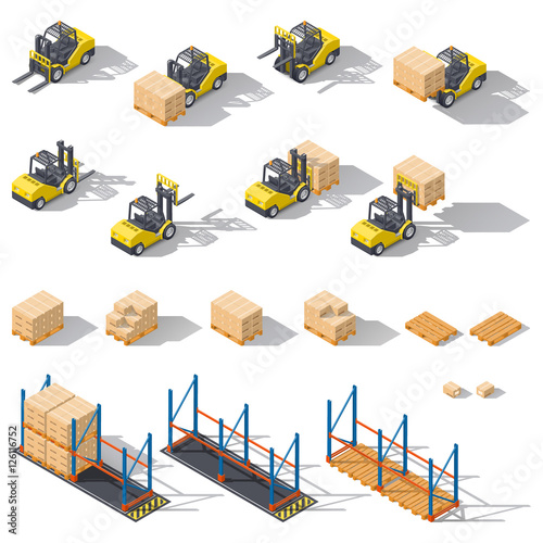 Storage equipment isometric icon set. Presented forklifts in various combinations, warehouse racks, pallets with goods.