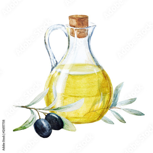 Watercolor olives and olive oil