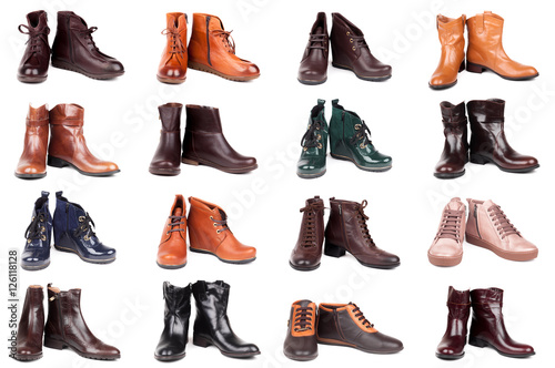 collage of modern fashionable women boots shot in studio, isolated on white