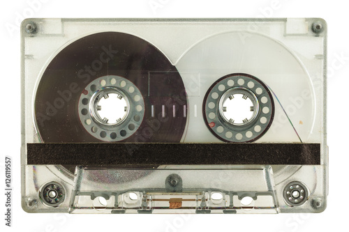Transparent audio compact cassette isolated on white