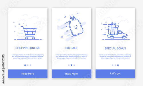 Vector Illustration of onboarding app screens and flat line web icons for e-commerce mobile apps . Modern interface UX, UI GUI screen template for mobile smart phone. Concept delivery service.