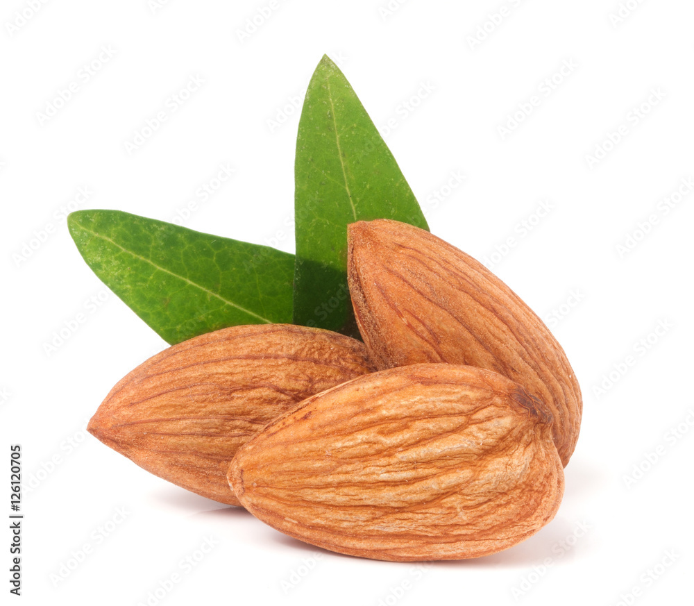 three almonds peeled with leaf isolated on white background three almonds peeled with leaf isolated on white background