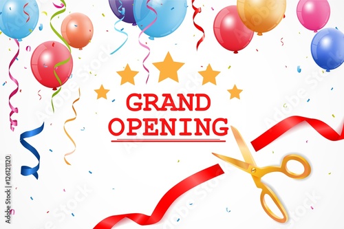 Grand opening banner with confetti and fireworks
