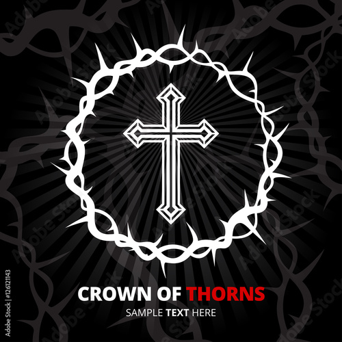 Jesus crown of thorns symbol with cross crucifix icon on black abstract background. Vector illustration.