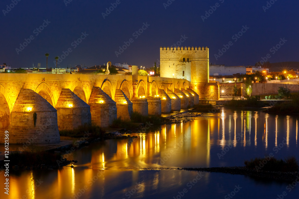 Illuminated Puente Romano, Roman bridge, across Guadalquivir river and and Torre de Calahorra, Calahorra Tower, Cordoba, Andalusia, Spain