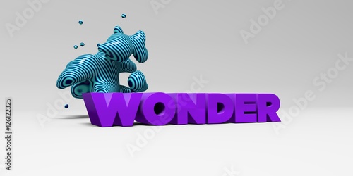 WONDER - color type on white studiobackground with design element - 3D rendered royalty free stock picture. This image can be used for an online website banner ad or a print postcard.