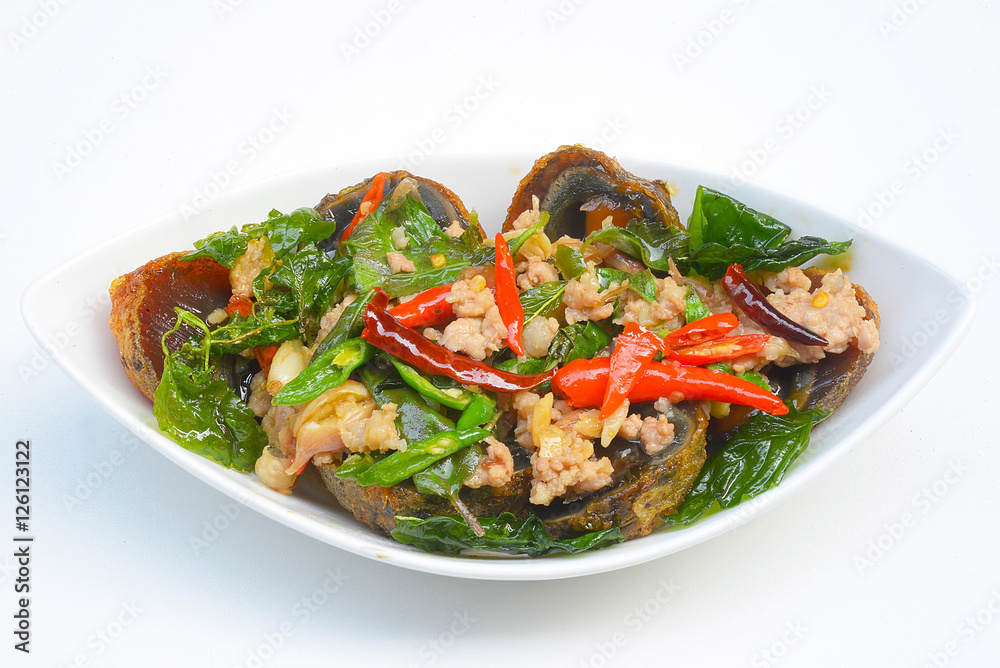 Fried basil with pork and preserved egg
