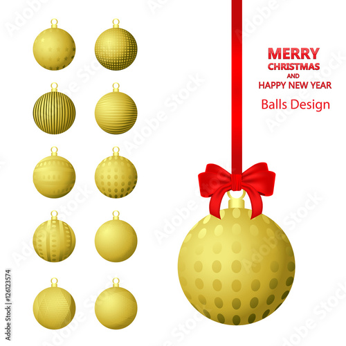 Set of golden Christmas balls and red bow isolated on white