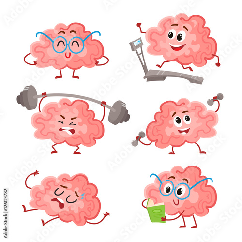 Funny brain training with barbell, dumbbells, on treadmill, reading and resting, cartoon vector illustration on white background. Set of cute brains as a metaphor of brain training and development