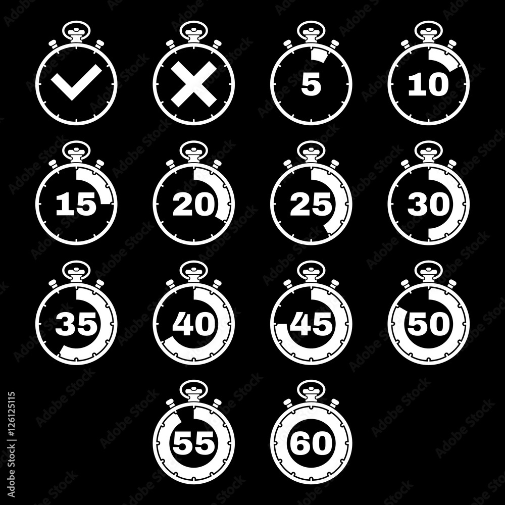 The stopwatch icon, set of 14 icons. Clock and watch, timer, countdown, stopwatch symbol. UI. Web. Logo. Sign. Flat design. App.