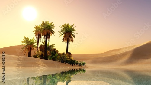 Fotografija Oasis in the desert sand. Palm trees and a lake.