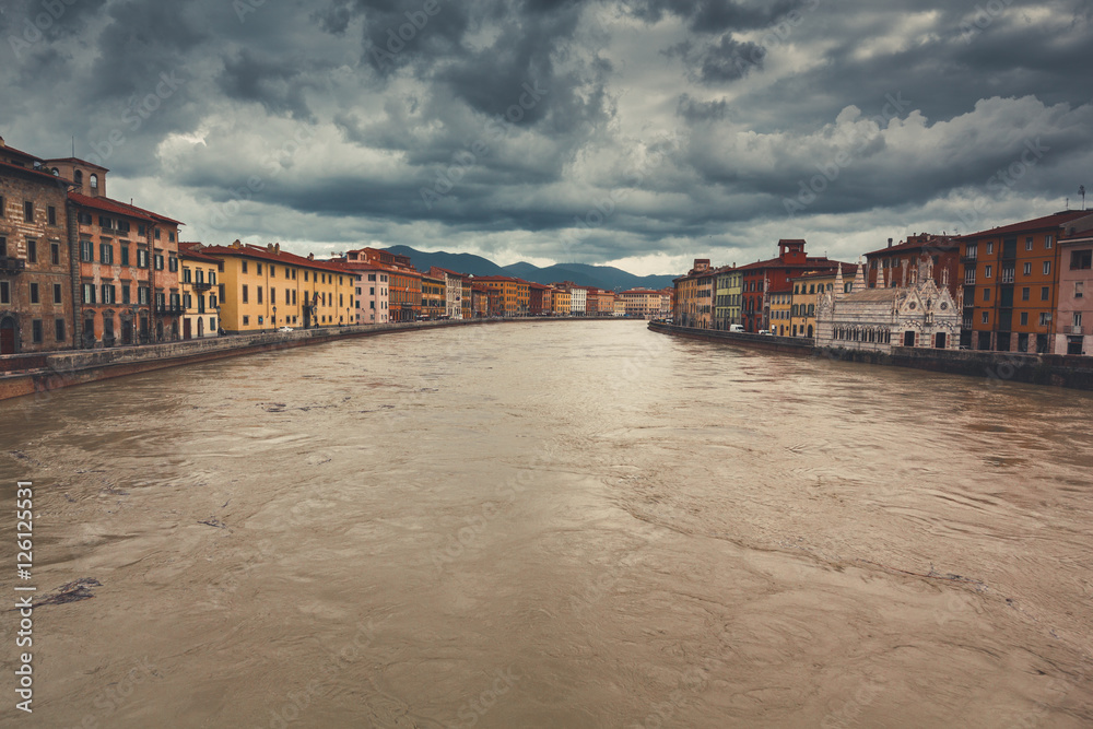 Pisa, swollen river Arno in November 