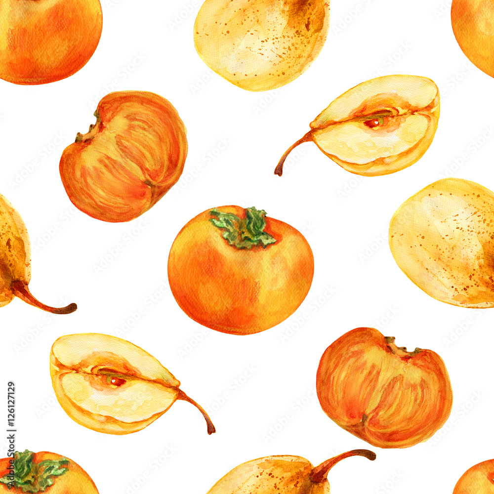 Watercolor persimmon, pear hand drawn illustration isolated on white ...