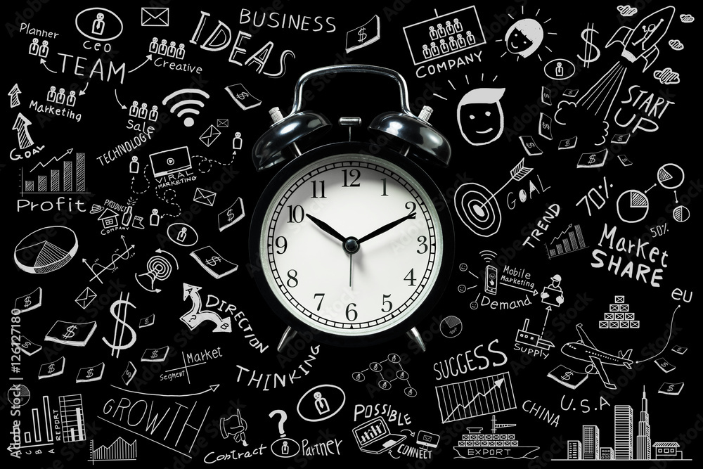 Business ideas.Time with alarm clock and business doodles. Business ideas.Time with alarm clock and business doodles.