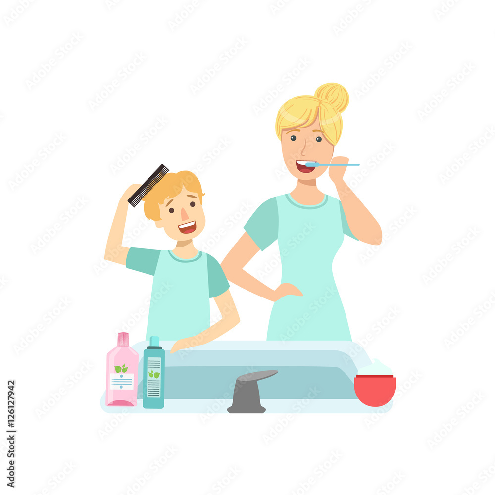 Mother And Child Preparing For Bed Together Illustration Mother And Child Preparing For Bed Together Illustration