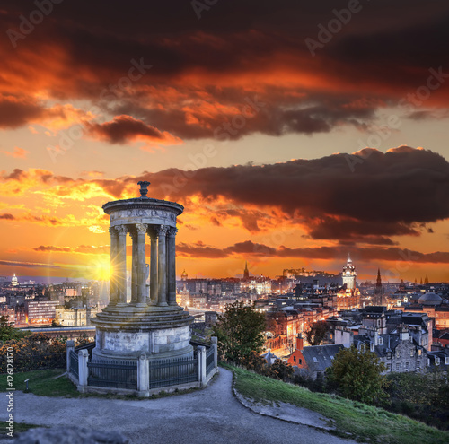 Edinburgh against sunset with Calton Hill in Scotland