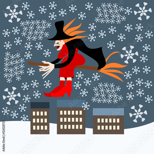 redheaded woman witch Befana sitting on a broomstick flying over the city during a blizzard - Italian folk Epiphany tradition