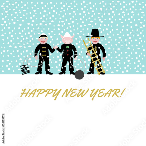 Cute piggy in black clothing with white cap amidst of human chimney sweeps