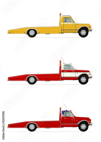 A set of three retro tow truck. Side view. Flat vector.