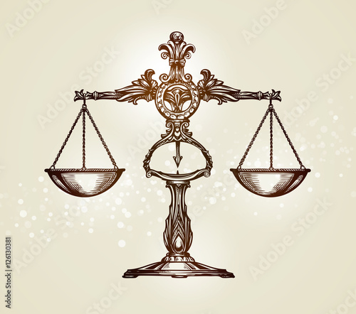 Vintage scales of justice. Hand-drawn sketch vector illustration