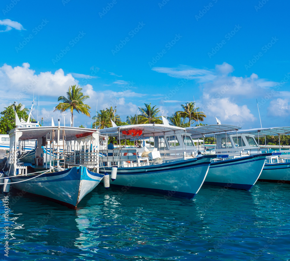 Parking traditional Dhoni boats, Maldives