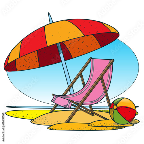 Deckchair and parasol on the beach. Color illustration of a summer theme.