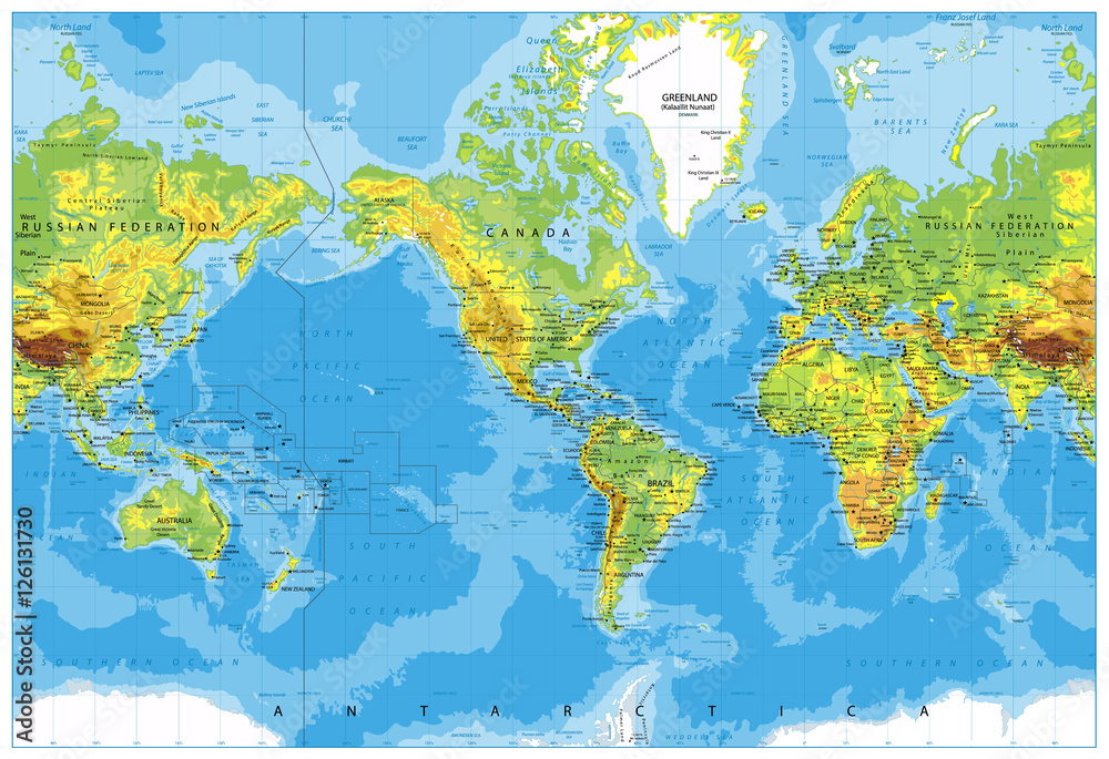 Naklejka Ameryka Centrowana mapa świata fizycznego