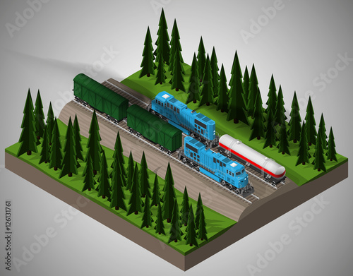 Vector isometric illustration of an element of railroad tracks with trains consisting of locomotives, railway cistern and rail covered wagon. Rail transportation.
