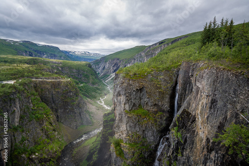 Voringsfoss valley scenic canyon landscape with waterfalls.