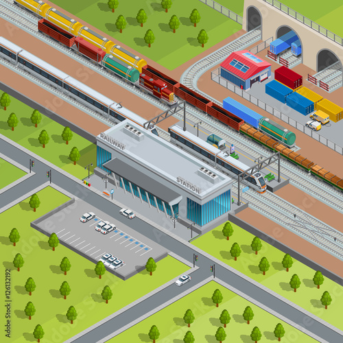 Modern Railway Train Station Isometric Poster