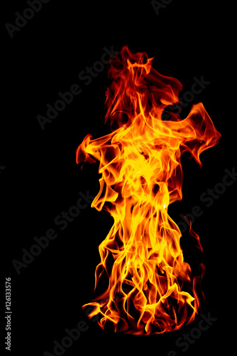 Fire flame on black isolated background - Beautiful yellow, oran