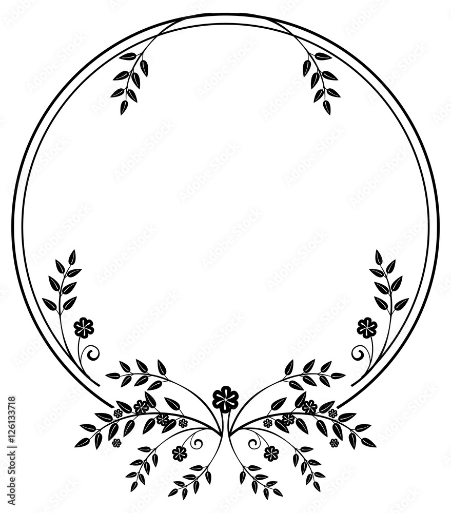 Black and white round frame with floral silhouettes. Copy space. Vector ...